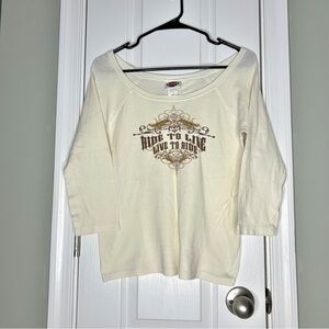 Harley Davidson Cream Wide Scoop Neck 3/4 Raglan Sleeve Lightweight Knit Top Med